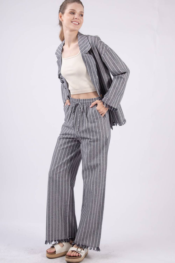 Oversized Frayed-Hem Linen Stripe Blazer