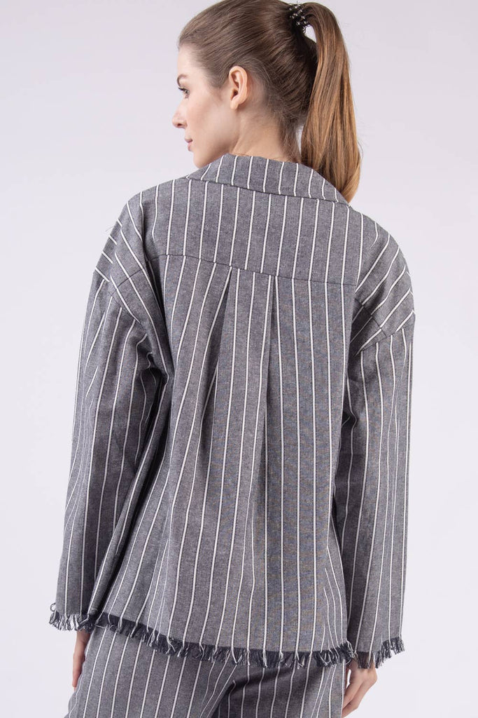 Oversized Frayed-Hem Linen Stripe Blazer
