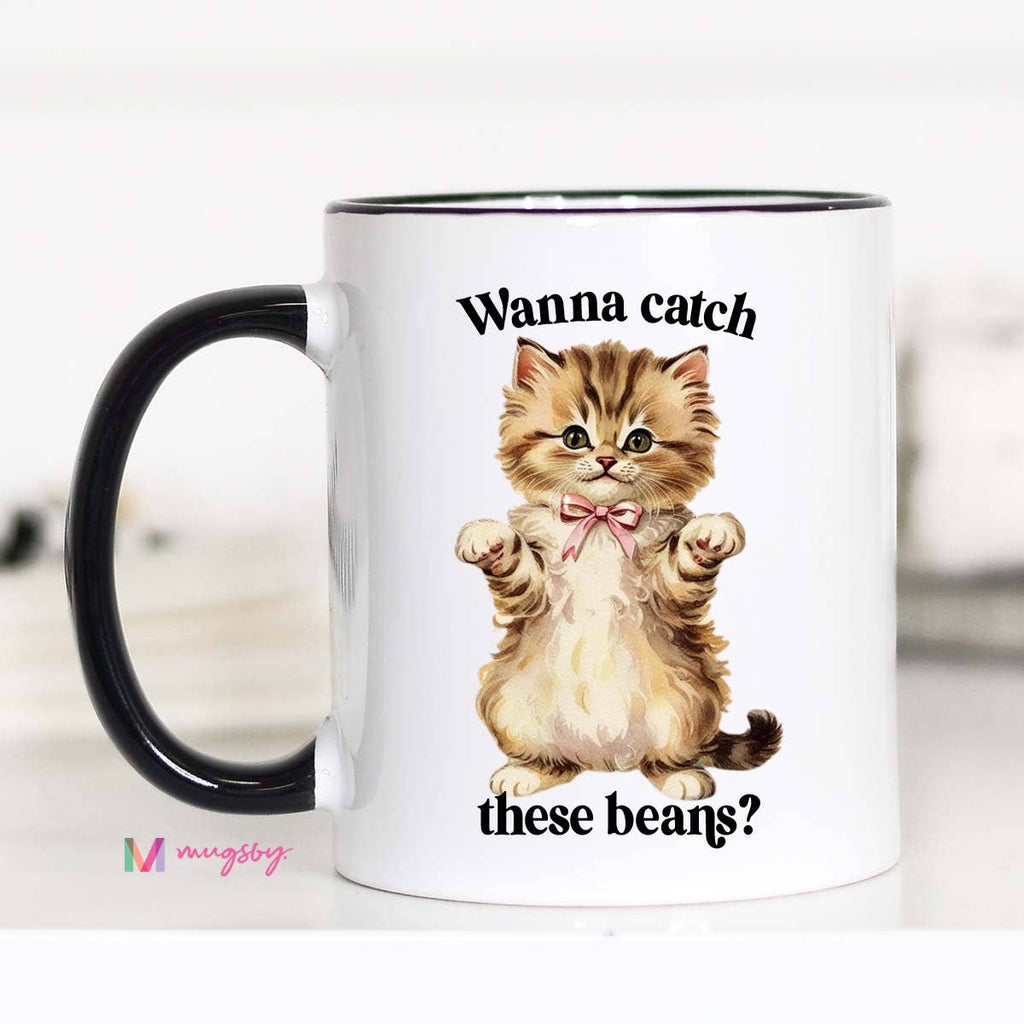 Catch These beans Funny Cat Coffee Mug, Cat Lover, Cat Store: All White / 15oz