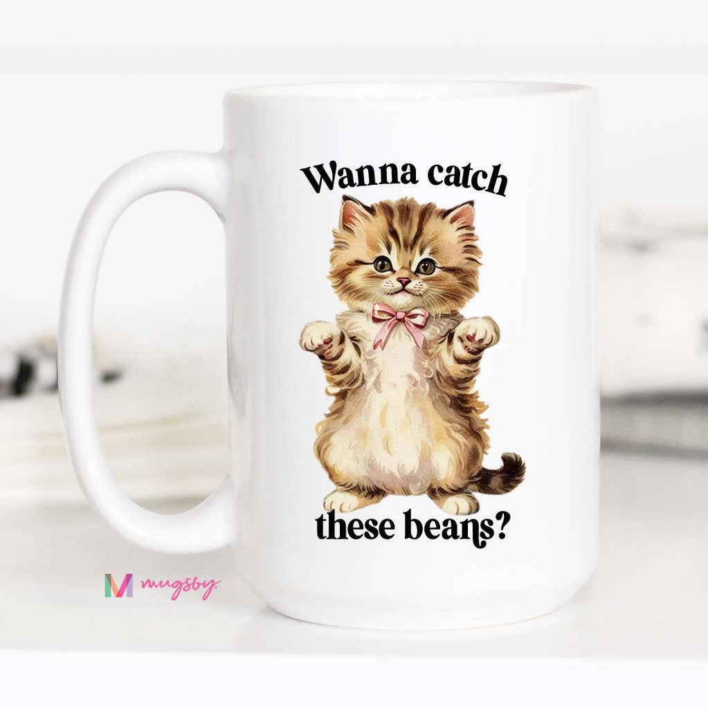 Catch These beans Funny Cat Coffee Mug, Cat Lover, Cat Store: All White / 15oz
