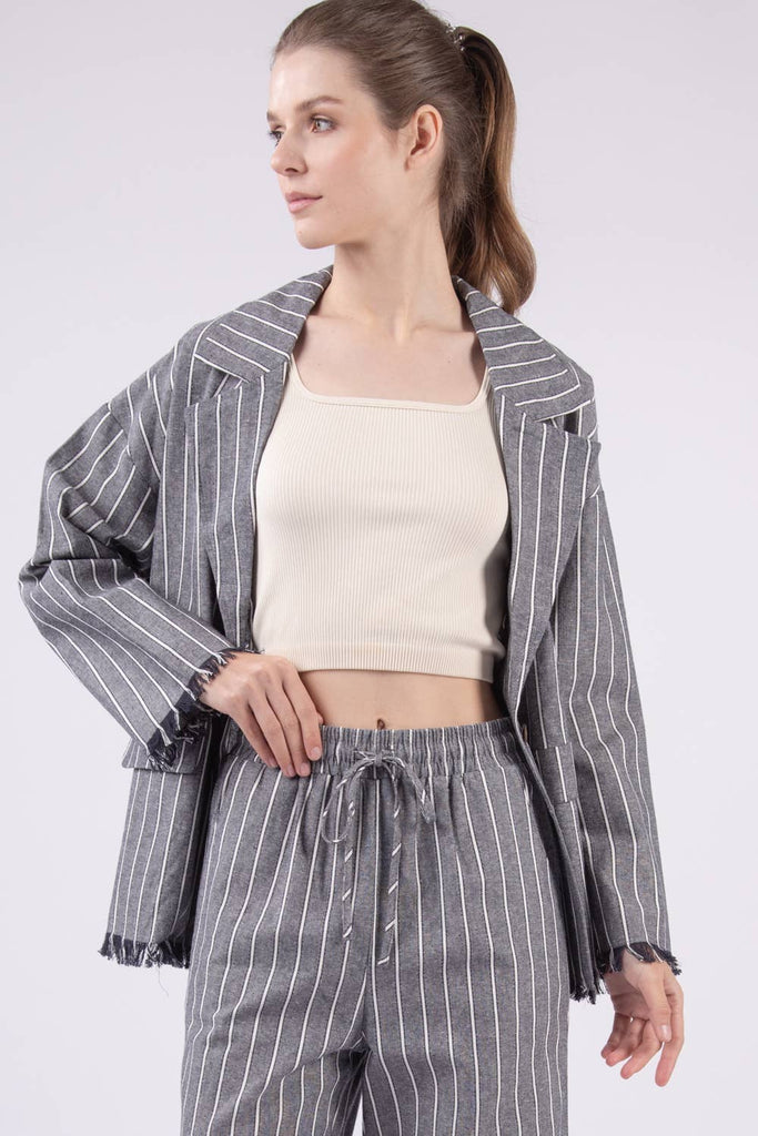 Oversized Frayed-Hem Linen Stripe Blazer