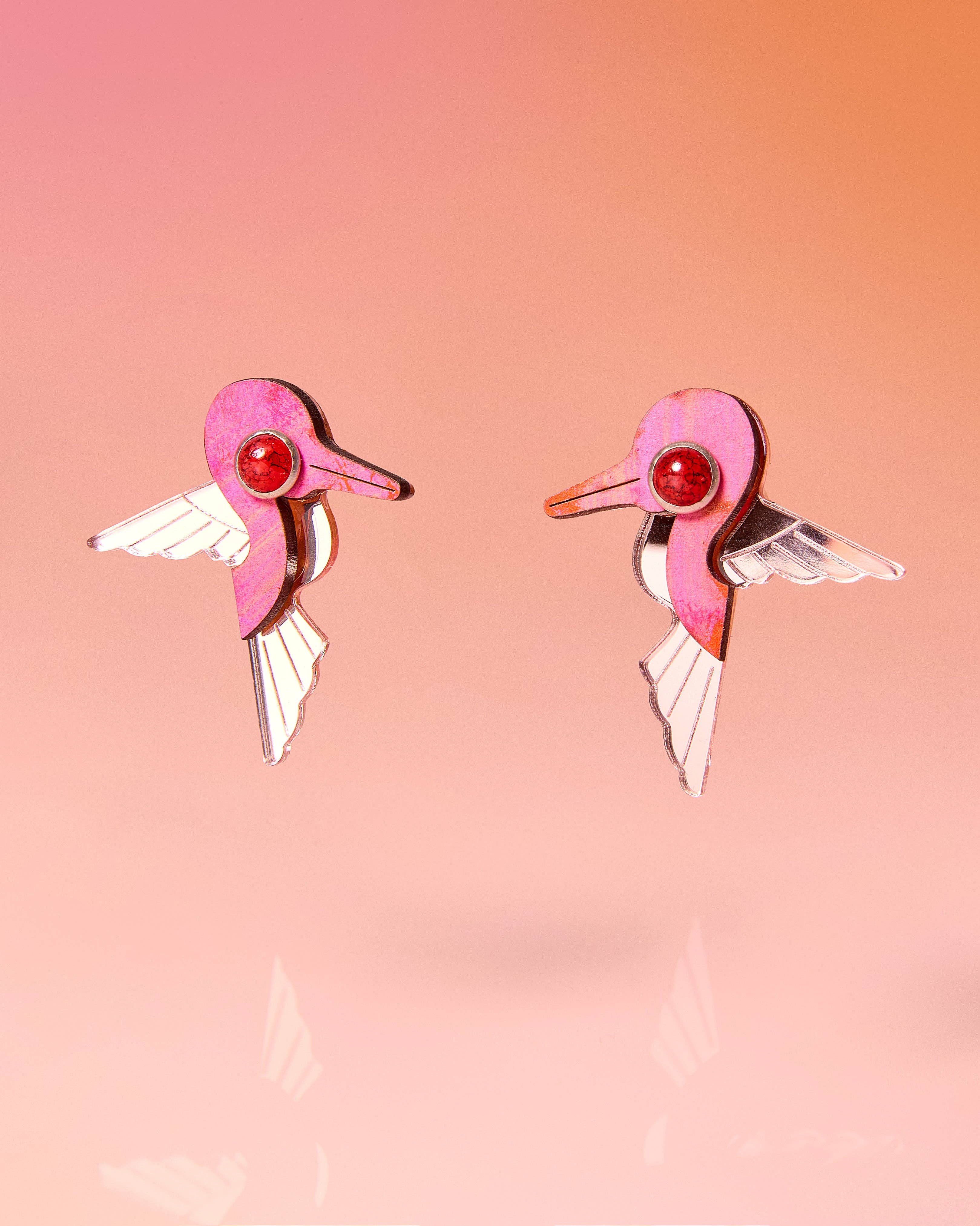 Hummingbird Stud Earrings Recycled Painted Wood and Acrylic Pink Multi