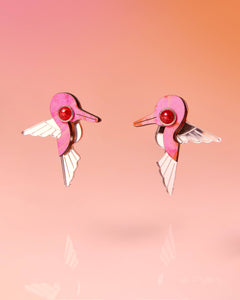 Hummingbird Stud Earrings Recycled Painted Wood and Acrylic Pink Multi