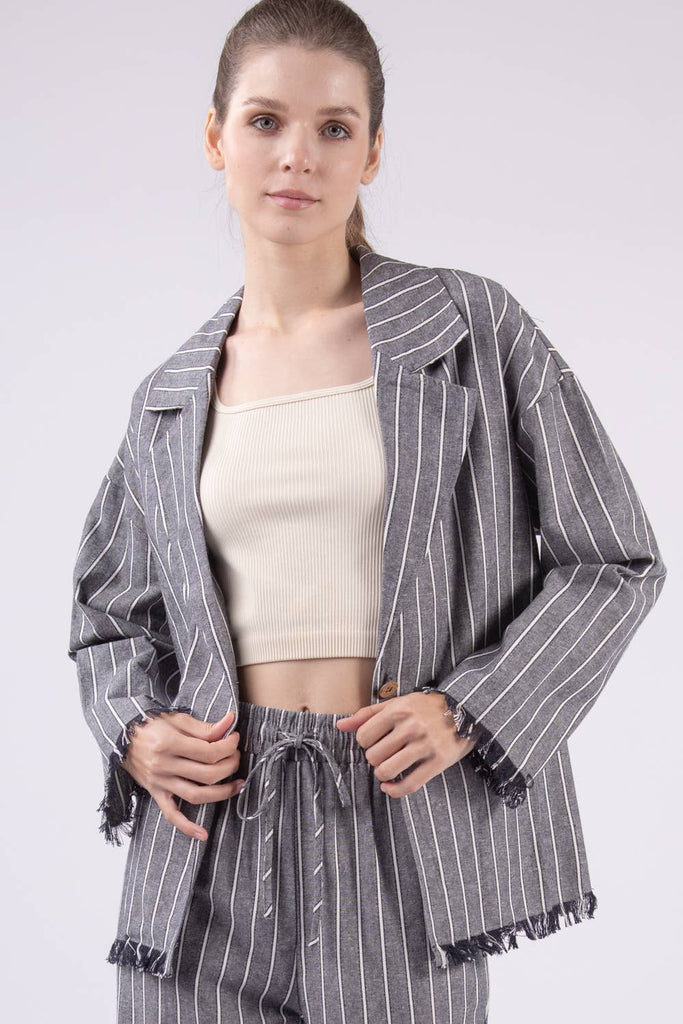 Oversized Frayed-Hem Linen Stripe Blazer