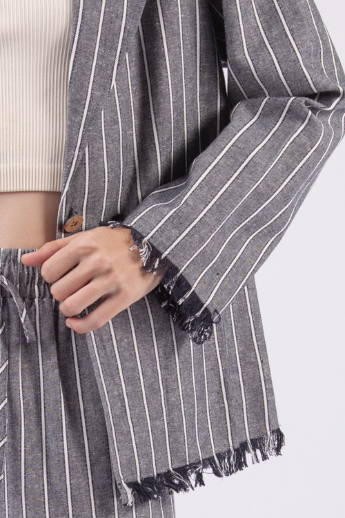 Oversized Frayed-Hem Linen Stripe Blazer