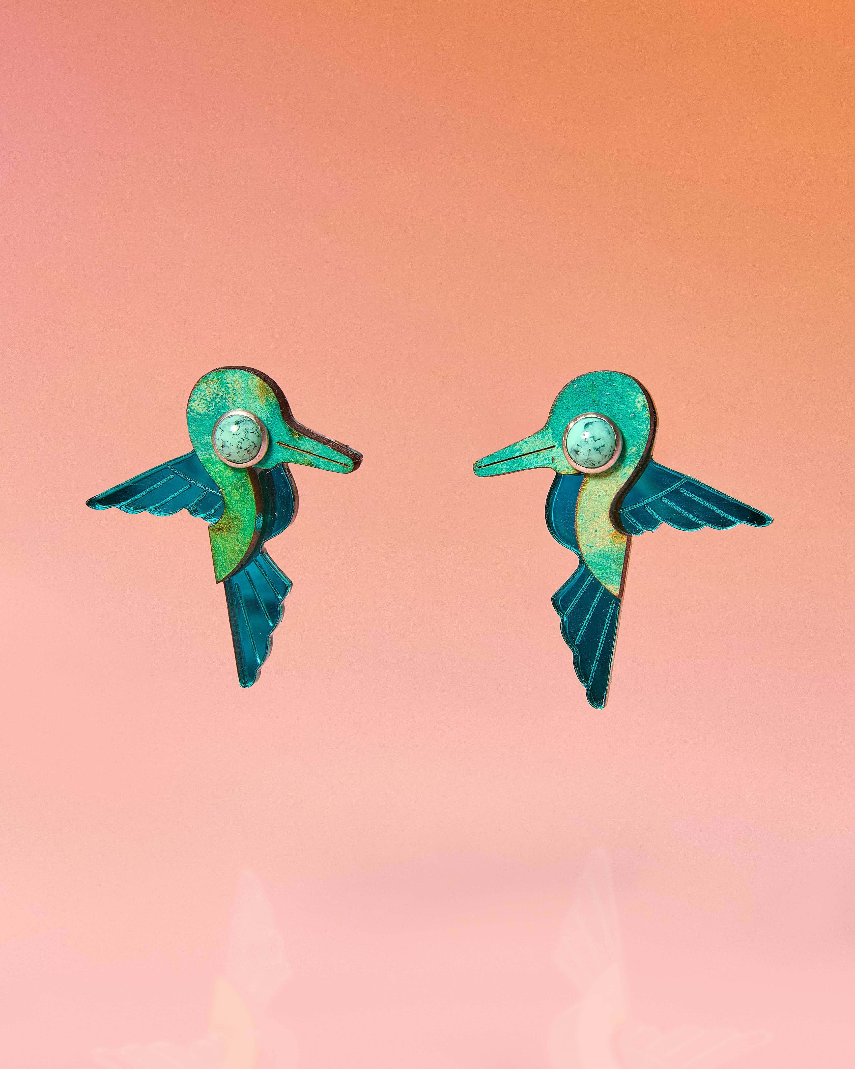 Hummingbird Stud Earrings Recycled Painted Wood and Acrylic Green Multi
