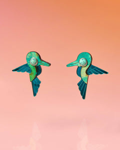Hummingbird Stud Earrings Recycled Painted Wood and Acrylic Green Multi