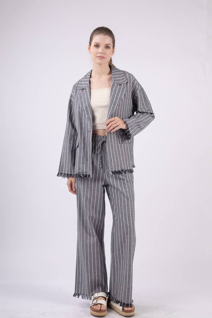 Oversized Frayed-Hem Linen Stripe Blazer